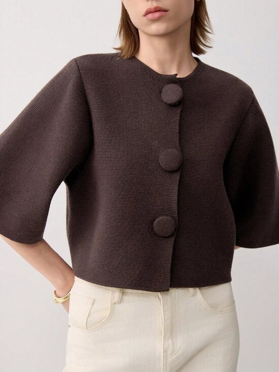 Sweaters - Brown Casual Women's Round Neck Short Button Knit Cardigan